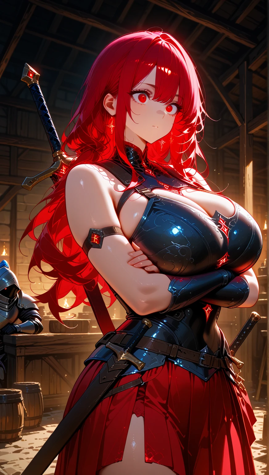 (masterpiece), (highest quality), (illustration), (super detailed), (high resolution), absurdity, 1girl,maple \(bofuri\), itai no wa iya nano de bougyoryoku ni kyokufuri shitai to omoimasu,fantasy town,high ,castle walls,night,blush,toragao,cowboy shot,big breasts,cleavage,hands on head,long hair,orange hair,blue eyes,leotard,pointy ears,elbow gloves,thighhigh heels
