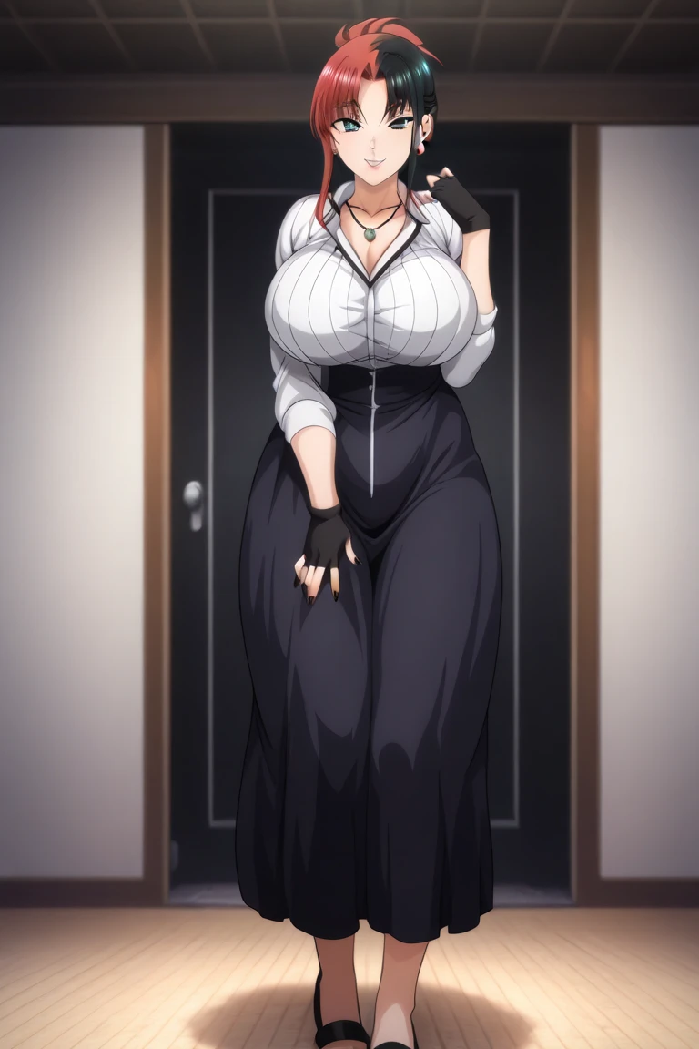 An anime-style artwork depicting yor from the anime spy x family

Tags: Yor Forger, black dress, holding, black hair, weapon, high heels, thighhighs, red eyes, two-sided fabric, high heel boots, boots,  hair ornament, flower, two-sided dress, fingerless gloves, black gloves, hair flower, black footwear, gold rose, bare shoulders, black thighhighs, gold hairband, rose print, earrings, sleeveless, sidelocks,  looking at viewer,  bare shoulders, standing,  earrings,  short hair with long locks, jewelry, closed mouth, bangs, anime, detailed eyes, detailed lips, ass, 1girl, red eyes, (black hair:1.1), solo, huge breasts, smiling expression, intense gaze, dynamic pose, indoor, palace, vibrant colors, digital art, high-resolution, professional quality, gigantic breasts, cleavage), curvy, cowboy shot, (gigantic breasts: 1.4),