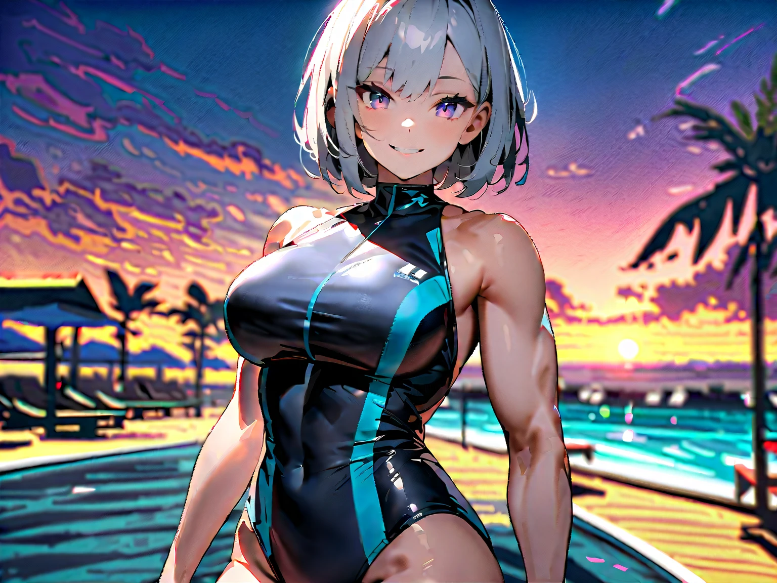 (((masterpiece、Highest image quality、highest quality、highly detailed unity 8kwallpaper)))、((Illustration of one girl))、(((beautiful girl)))、((white hair、short hair、crew cut:1.2、light blue eyes))、(((stocky build, thickset physique, muscular legs, broad shoulders, solid chest:1.3)))、swimsuit、sandy beach