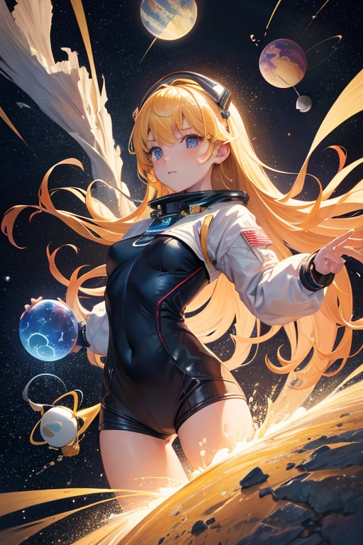 1girl, orange hair, blue eyes, leotard, bare legs, matching boots, matching gloves, superhero, body infused with energy, light particles, aura, space backdrop, masterpiece, best quality, beautiful detailed eyes