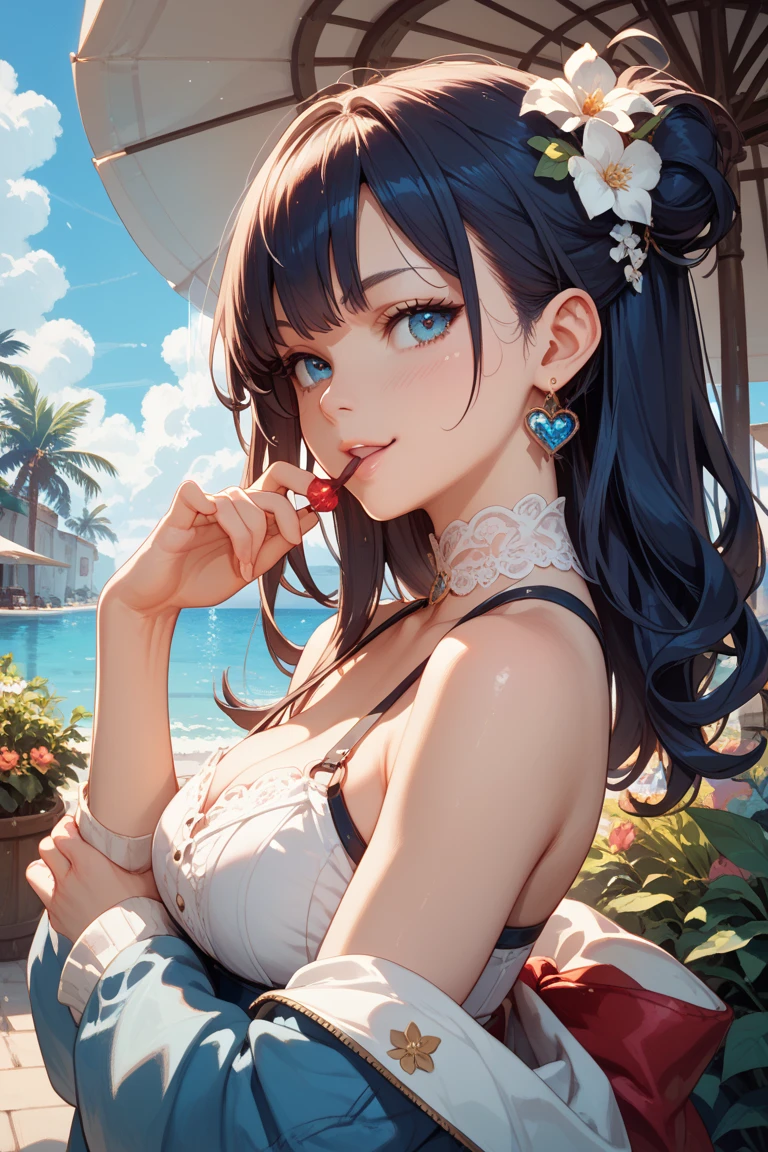score_9, score_8_up, score_7_up, score_6_up, 1girl , (score_9, score_8_up:1.1), score_7_up,
<lora:Mita:0.75>, dark blue eyes, dark blue hair, braids hair, red hairband, choker, red bikini top, blue bikini bottom, hair ornament, pale clean skin, small breasts, detailed background,  cute face,  dynamic pose, lying on towel in the sand, perfect face, putting suncream on her hands, sitting in the shadow, sting, from above,