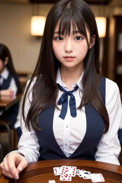Her hairstyle is short.，Realistic high school girl wearing a black sailor suit，soio，‎Classroom