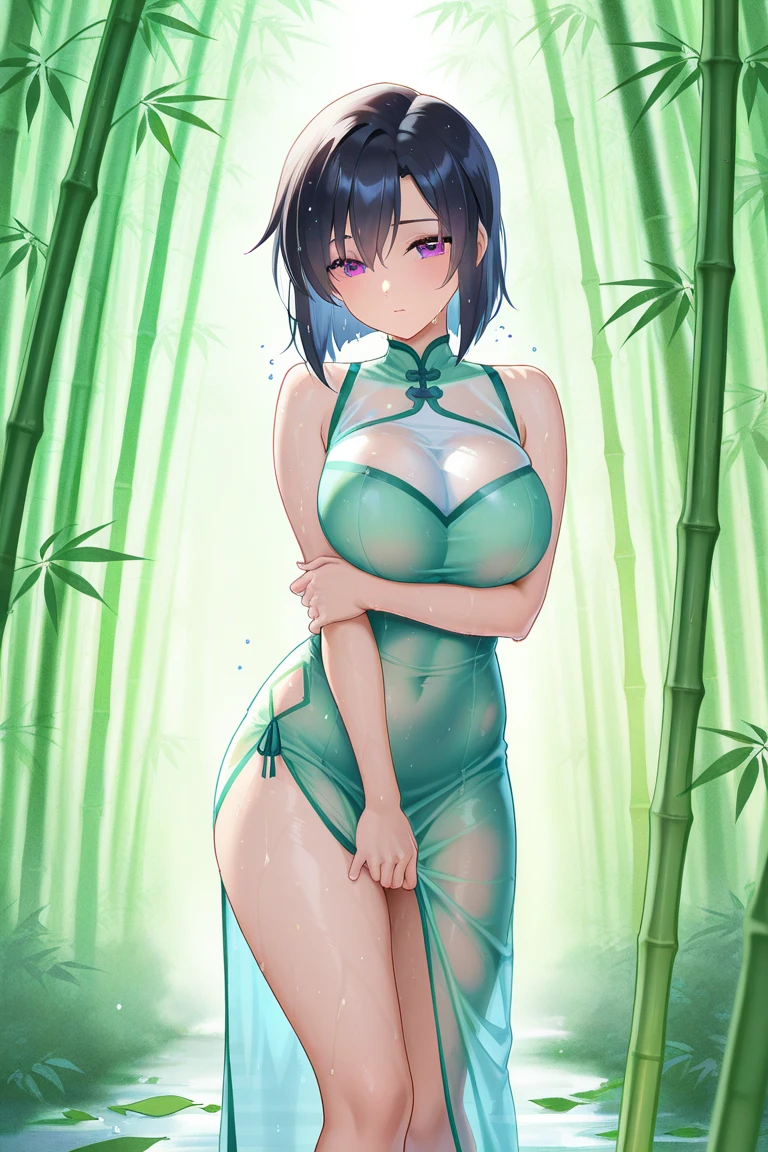 ((1 woman in sexy transparent underwear)),((big breasts)),((happy face, in a forest)),((walking, wet pussy, erect nipples, squeezing her breasts)),(( very large pubic hair)),((short light black hair, with very large bangs covering the face and falling down the body)),((facing the viewer, in a forest)),