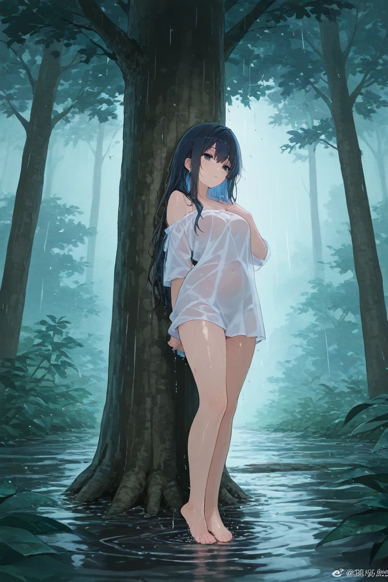 cool beauty,1 girl,black hair,late night,in the forest,C cup,natural body,detailed description,((Completely naked)),small ass,thin thighs,sweating,sexual ecstasy,legs open,25 years old,no pubic hair,shy smile,Length 162cm,sharp outline,Bust: 82cm,masturbation,semen flowing from the vagina,