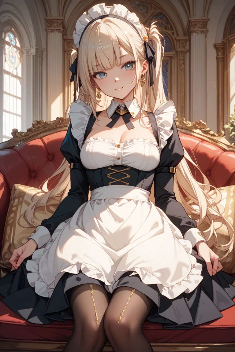 (mastepiece:1.2), detailed fingers, beautiful woman, intricate details, maid headdress, blonde hair, Bob with a Falling Front, Maid Apron, Sitting on the throne, Cross her legs and lean back, Knee-high stockings