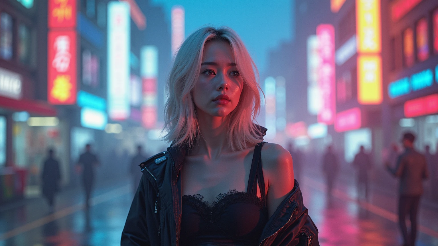 Neon Noir Beautiful Female,Looking at Viewer, . Cyberpunk, Dark, City of Rains, neon signs, (outside the double door of a nightclub), High contrast, low illuminance, Vibrant, Highly detailed, silver hair color, shoulder length bobcut hair, Luminous Eyes, cherry red lipstick, transparent plastic rain jacket, black skin tight bra, raining