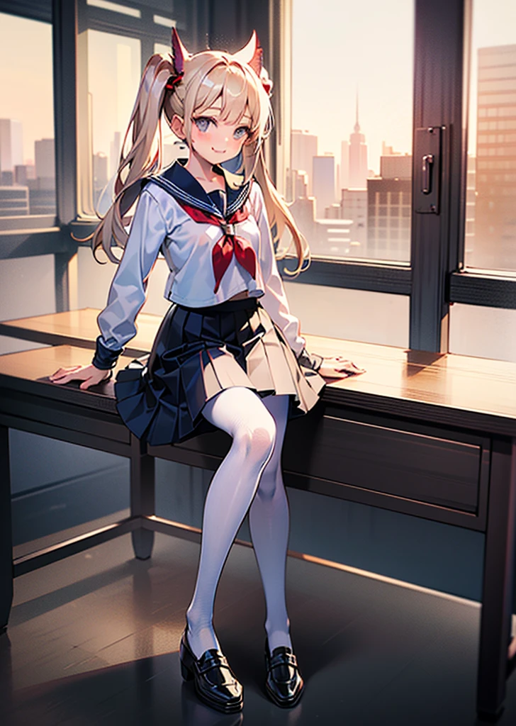 tmasterpiece，one-girl，jk，adolable，best qualtiy，‎Classroom，eventide，the setting sun，style of anime，quadratic element，White over-the-knee stockings，Ray traching，whaite hair，Red eyes