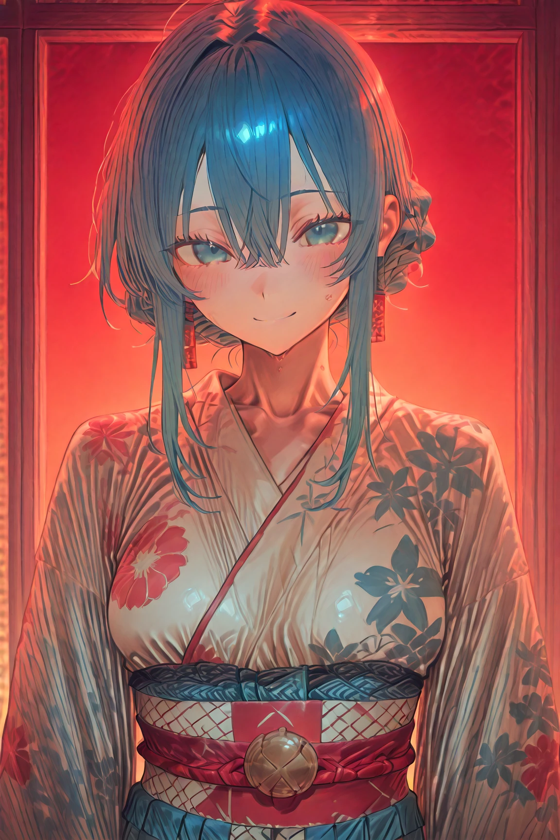 NSFW,masterpiece,Highest quality,High resolution,Super detailed,Sinon\(Sword Art Online\),yukata,Open clothes,hair ornaments, Hair Clip,Embarrassed,Absent-minded face,blush,Blank Face,Inn at night,Shoji screen,tatami,futon,Girl sitting,Drunk,Intoxication,sake bottle,Sake cup