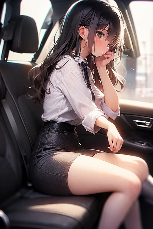 1 beautiful woman, dressed in sexy clothes, big body, big cheeks, painted eyelids, formal black jacket, white shirt, eyes closed, mouth open drooling, long eyelashes, face made up, sleeping with her mouth open, sleeping sitting on the Back seat of the bus, hair in a ponytail, black bag