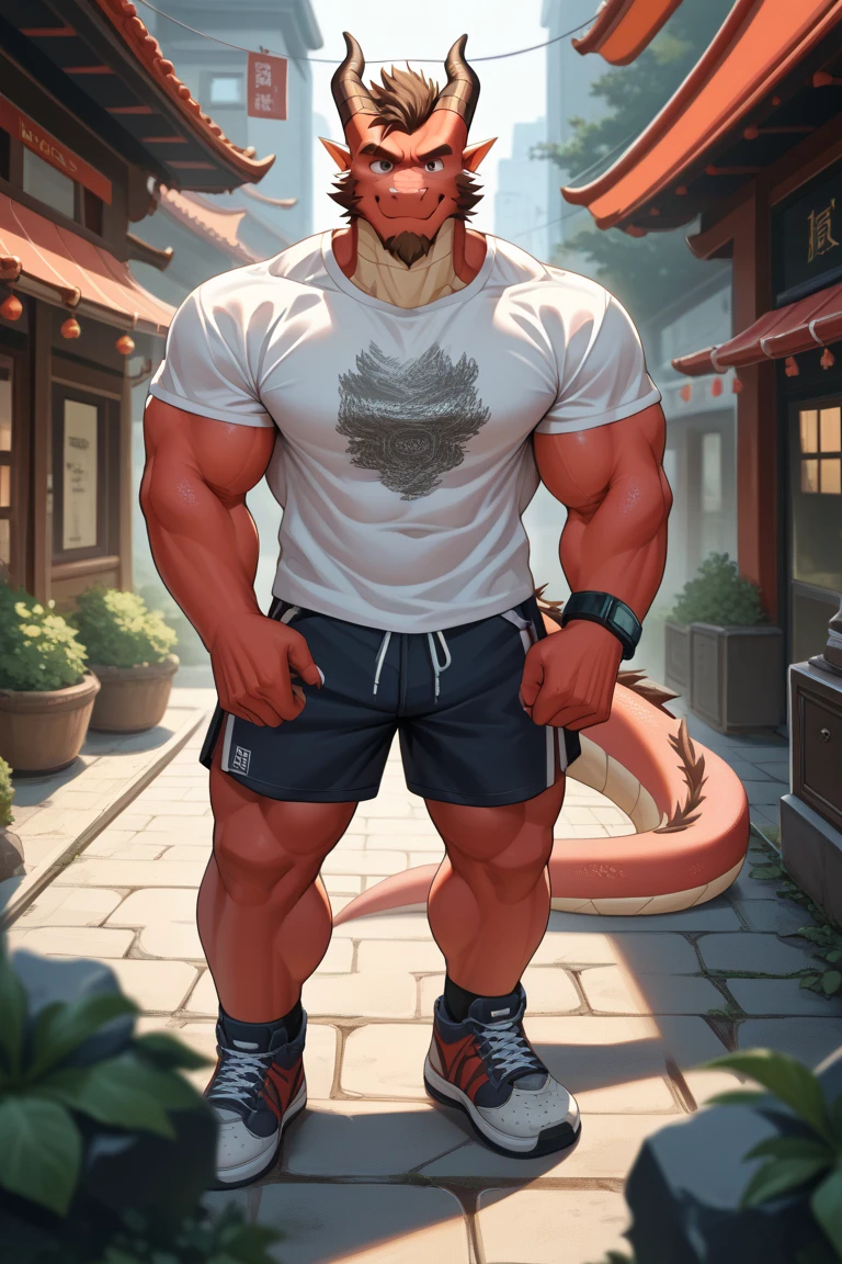 chubby old man in street city, old man, thick arm, huge arm, bearded. white hair and beard, bearded, muscular, pectoral, wide pectoral, realistic, 8k, masterpiece, (wearing shorts and shirtless:1.3, topless, shoes)