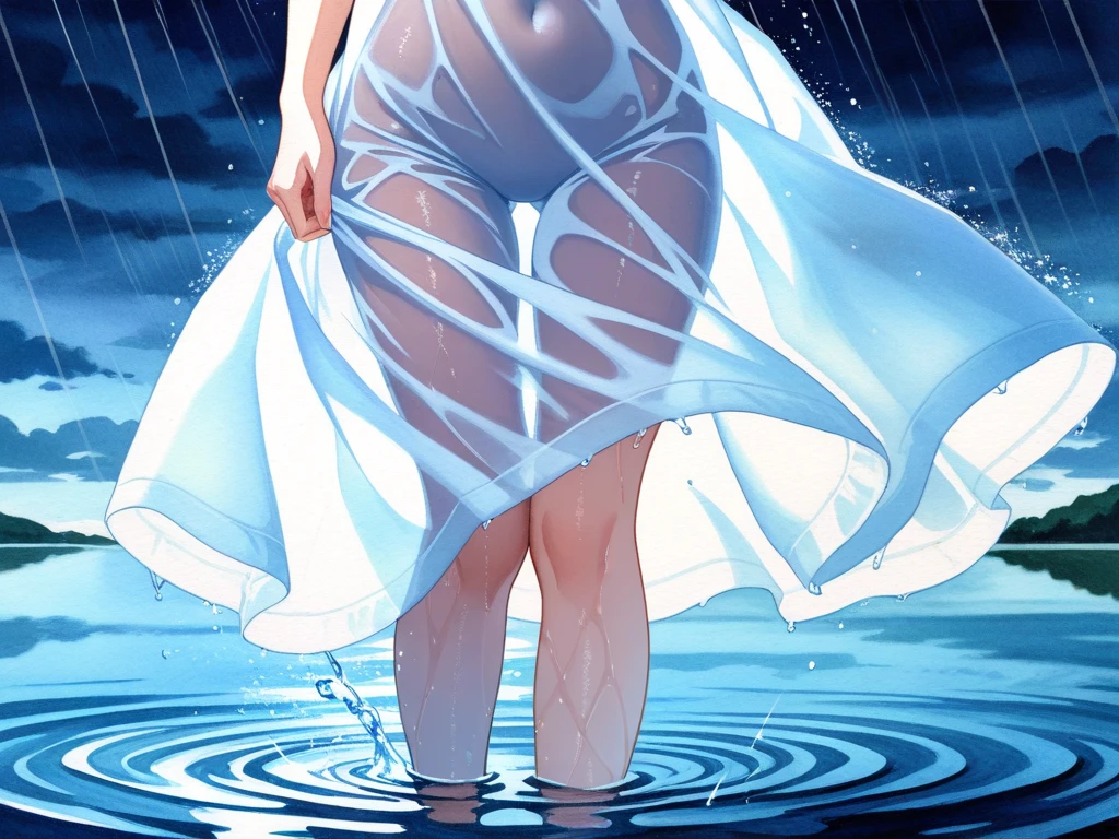 absurdres ,masterpiece, HQ, 4k, HDR, best quality, 1girl at center screen with beautifulface, white_hair, wearing liquid dress, huge breasts, full body, smiling, perfect details, perfect body, perfect face, perfect fingers.
