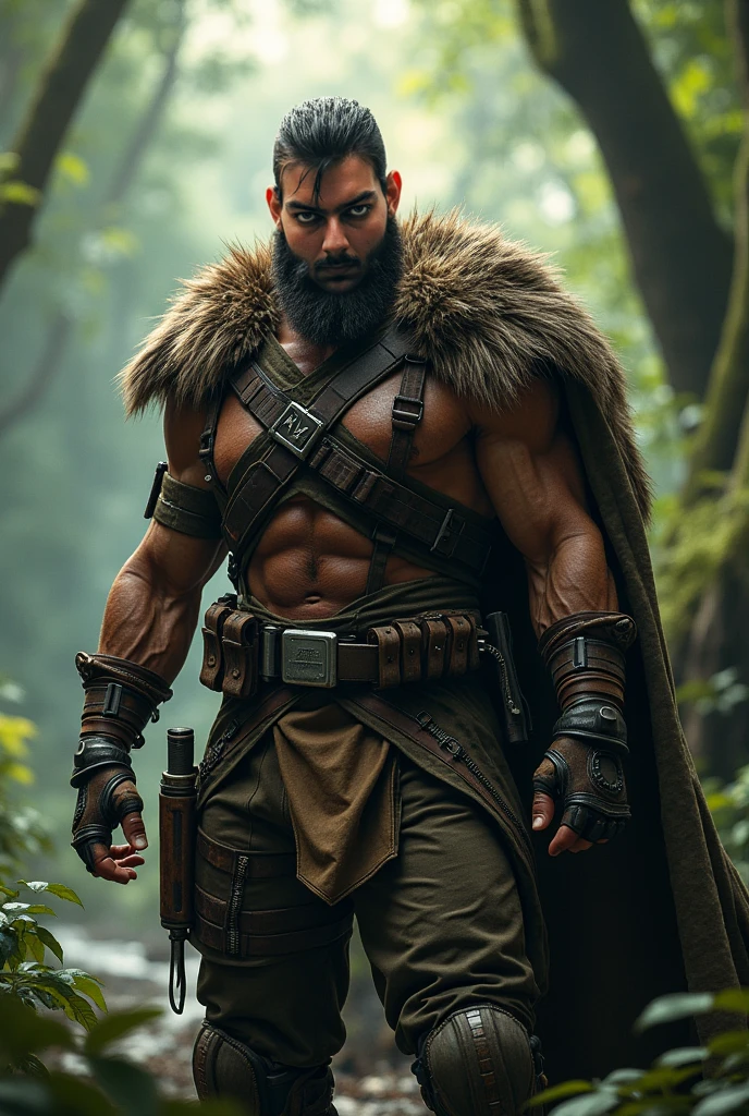 fking_scifi_v2, portrait of a young very handsome viking warrior, tattooed, hairy body, using a viking helmet standing in front of a smoky forest, close up, victory pose and attitude.