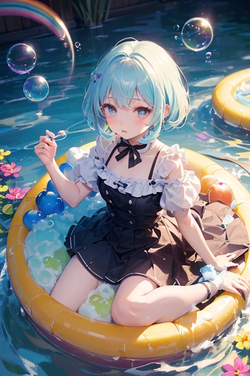 ((masterpiece、Highest quality、High brightness、detailed)) 12k、8k、High Resolution、1girl、独奏、elaina、((Girl blowing a straw、Making soap bubbles))、Hair blowing in the wind、((Soap bubble、Soapy water bubble ball))、((Rainbow-colored ball、A ball made of a thin membrane、Easy to play))、Subtle details