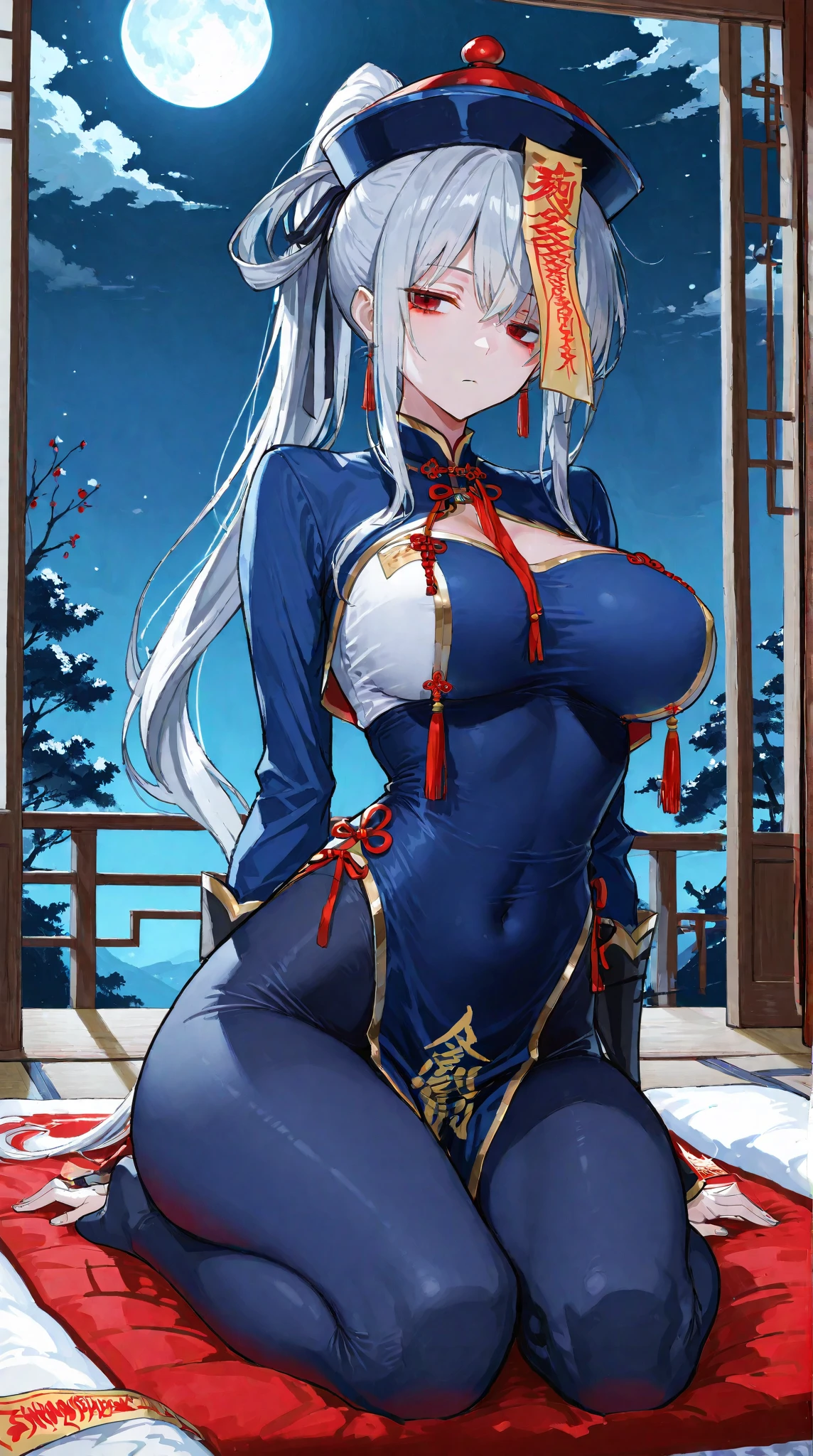 (art: 1.2), (best quality: 1.2) 1 woman milf, mature teenager, 185 cm tall, appeared to be around 45 years old, had long silver-white hair, hair parted in the middle, straight hair and sparkles tied to a green jade hairpin, piercing sapphire blue eyes, extremely detailed eyes, perfect eyes, extremely realistic eyes, well-aligned eyes, long eyelashes, anime style, extremely beautiful face, face that respects the viewer, delicate and mature face, full lips, mature , fair skin, natural body, SEXY BODY, milf body, with one hand holding her waist, perfect hands, detailed hands, hands well proportioned to the body, realistic hands, arms at the side, arms with good anatomy, she wore a ruby arm dress with a Chinese style long skirt decorated in sapphire blue that still couldn't hide her extremely large and huge breasts that were hanging down due to her size, she was fully covered by paia, thick thighs fully covered, wide hips, looking at the viewer with a reserved facial expression is intelligent, background scene, in an oriental-style Chinese pavilion, posing alone, looking at the viewer, standing
