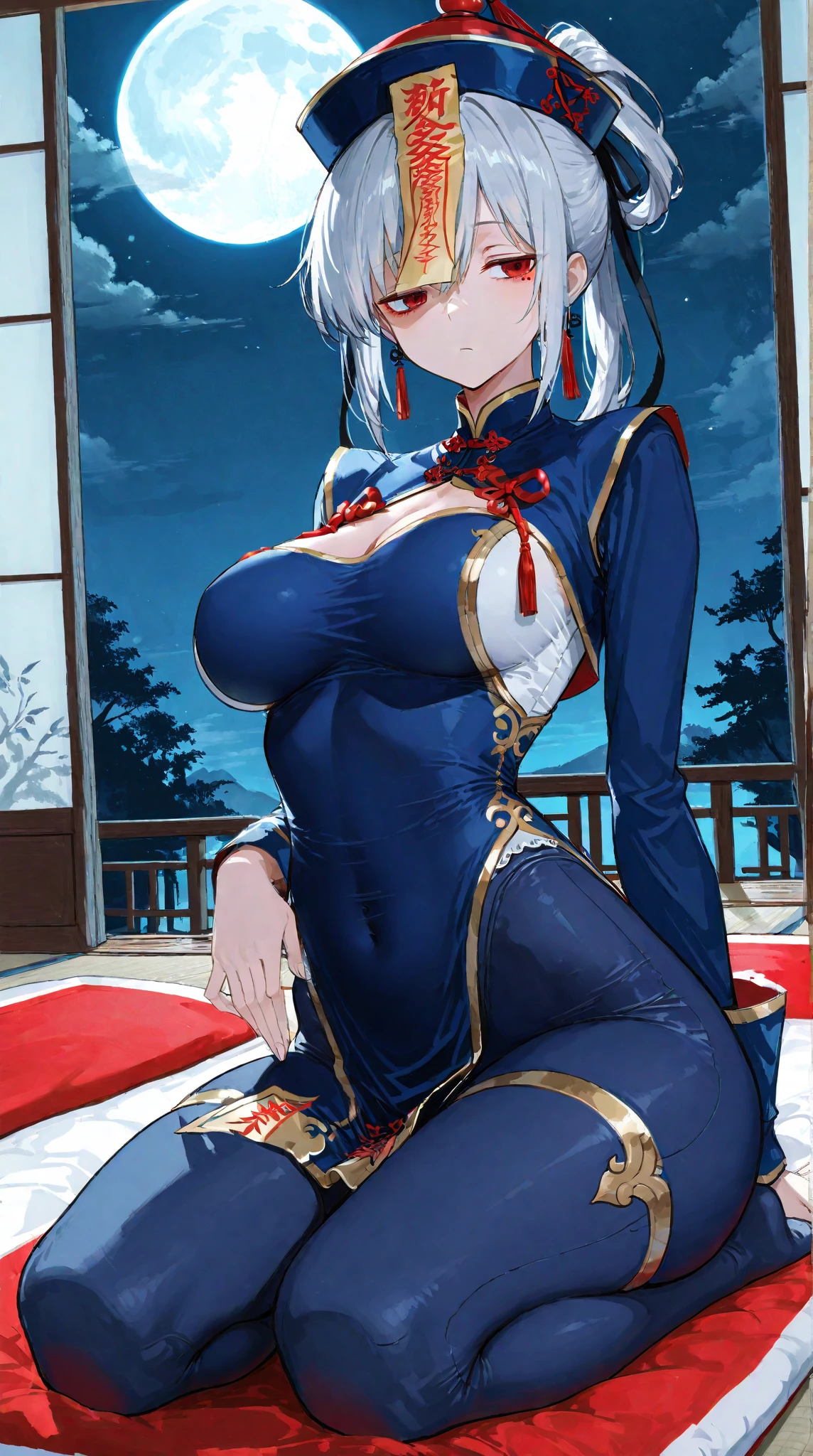 1 girl, game cg, gorgeous kimono, shoulders visible, gigantic breasts, light blue hair, middle hair, two side up, blue eyes, shy, happy, living room, standing, full body,