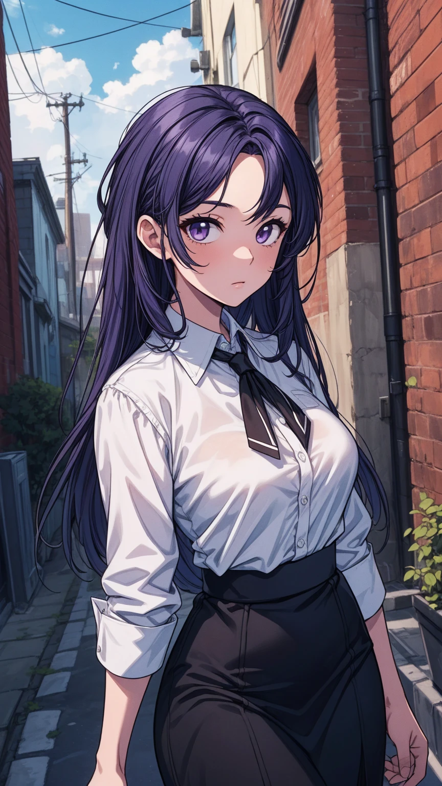 Garota nua, peituda, Ahegao((Obra de arte)), (melhor qualidade), lindo, rosto extremamente detalhado,((inexpressivo)),((atitude fria)),((Tsurime)),((tareme)),seios,((mulher madura)),((Shogun Raiden, Sorriso, franja, (big seios:1.2), (olhos roxos:1.2), braid, cabelo roxo, braided ponytail, olhos rodeados, camisa, mangas compridas, white camisa, gravata, collared camisa, pants, black pants, Formal, Terno, black gravata, camisa tucked in, secretary, nsfw, Sex, 1 menino, cum on, gemendo, Bolhas de texto