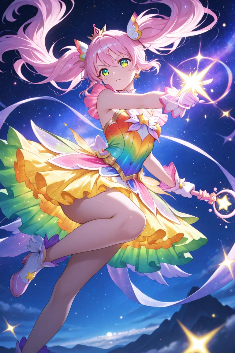 masterpiece, best quality, 1girl, magical girl, pink hair, detailed pink dress, blue and yellow pattern, colorful gems, colorful crystals, a magical girl staff, vivid colors, light smile, full body