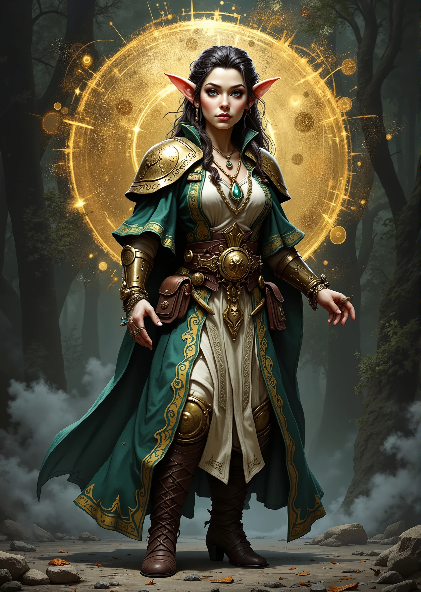 Full body view. An extremely detailed comic book illustration of a stunningly beautiful extremely curvaceous Gnome from Dungeons and Dragons petite magical folk with big eyes and pointed ears created by gods of invention and illusion seldom seen by other folk due to the gnomes' secretive nature and their propensity for living in forests and burrows making up for their small size with the cleverness born as a Dungeons and Dragons Clockwork Sorcerer with innate magic stamped into their being traced to strange events in their personal or family history the raw roiling power of magic is part of them a living tangible thing which wants and demands to be wielded who has received the blessings or curses of the plane of Mechanus her entire being infused with clockwork bones and steampunk looking cybernetic augmentations granting her an innate power to manipulate chance and luck and to bend reality to the benefit of the forces of machine-like clockwork order wearing a long intricately designed robe with a high collar embellished with ornate metallic patterns a sturdy tunic in a contrasting hue providing a rich backdrop to the more elaborate outer layer her shoulders are adorned with decorative armor plates that are both functional and stylish featuring intricate designs that match the overall aesthetic of her outfit with her forearms protected by elaborately designed gauntlets which are both practical and ornamental showcasing craftsmanship with a wide ornate belt cinching her waist the waist featuring a large elaborate buckle that adds a focal point to the outfit featuring pouches and wears various pieces of jewelry including rings and a pendant in an art style inspired by Frank Miller and Conan the Barbarian. The Background is awash in dark moody textured brushstrokes in dull brass tones with abstract clockwork and gear motifs. Standing in a dynamic action pose. Trending on Art Station.