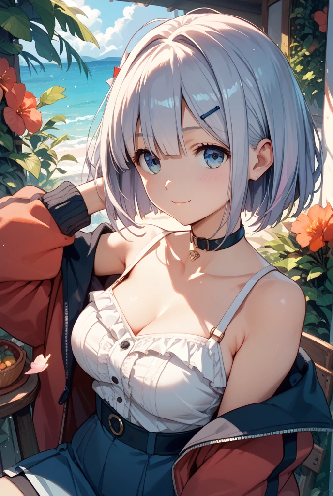 super high quality, with a girl, 20-year-old, very short hair, long bangs between the eyes, gray eyes , blue sky, sunlight, very detailed,(masterpiece、highest quality)、alone、gray hair、laughter、fantasy, silver hair, black eye, beautiful eyes,, ecstasy, charm, be smitten with audience, fantasyな風景、seaside
