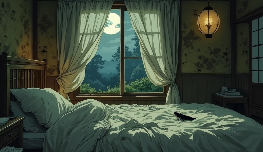 There is a photo of a room with a bed and a window, Sunny room, studio ghibli room, Detailed scenery of Studio Ghibli moonlight, Anime background art, Beautiful peaceful scenes in anime, anime countryside landscape, bedroom background , beautiful anime dinner, April eve background window, beautiful anime dinner、midnight bedroom