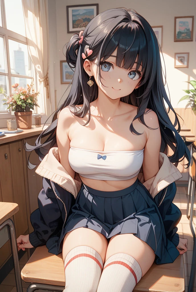 ((​masterpiece))、((top-quality)、(Super Detail)、8K、Delicate depictions are filmed in anime style。full body Esbian、
(Very long hair、A dark-haired、Bright blue eyes、）、Side tail、Her blue eyes are highlighted。
The overall tone is brighter、She is smiling very happily。White tank top、Small cleavage、a miniskirt,  Swaying skirt、thighs thighs thighs thighs、Panties that are only slightly visible、Spiteful smile,  、Living room floor