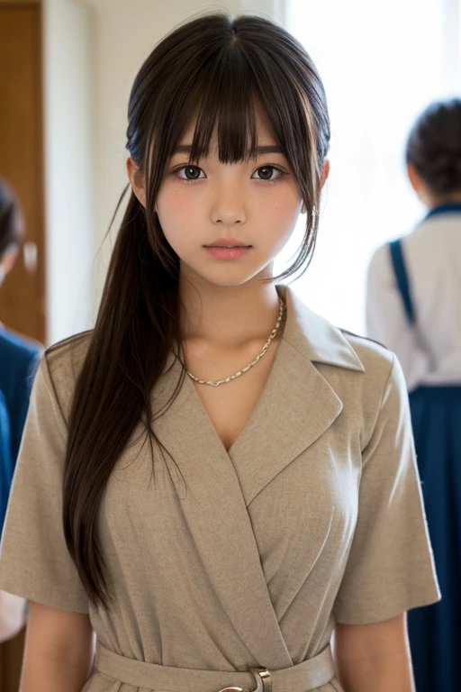 1girl, solo, YuraS, (perfect lighting), flat light, masterpiece, best quality, extremely detailed face, fair skin, ultra high res, ultra detailed, (photorealistic:1.4), perfect anatomy, grain, looking at viewer, school uniform, skirt, pleated skirt, long hair, vest, bangs, white shirt, long sleeves, <lora:YuraSakuraLora_v25:1>