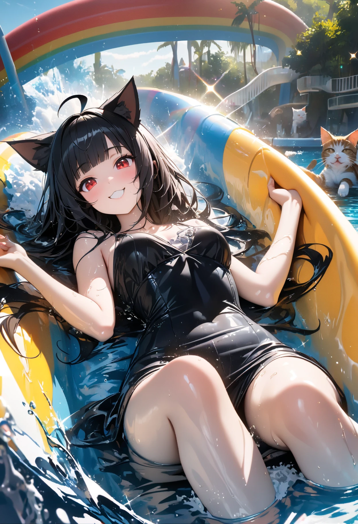 A dark-haired, poneyTail,japanes, gloves ,swim wears,masturbated