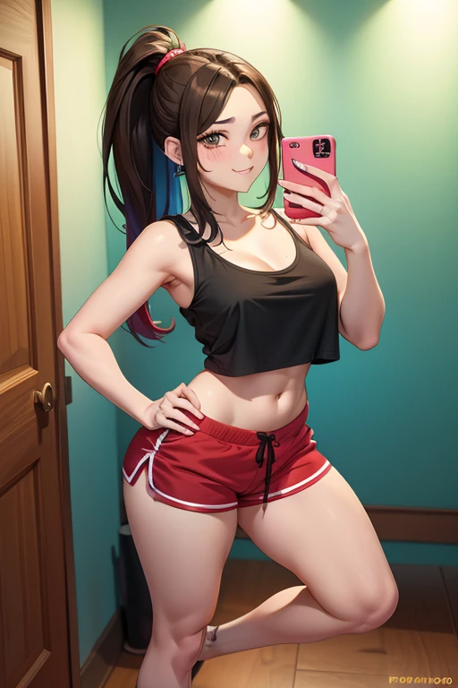 (1girl), red eyes, mature, mole onder eye,white hair, pigtails, long hair,, x ornament, big lips, pretty lips, ((gyaru)), gyaru hairstyle, there is a woman in a white shorts taking a selfie, smooth pink tight clothes, posing in a bedroom, good hips and long legs, photo of slim girl, pretty face with arms and legs, full length and white stockings, 2 4 year old female model, sporty, photo of slim girl model,selfie,belly button piercing,naval,midriff, gymclothing, gym, armpit, big boobs