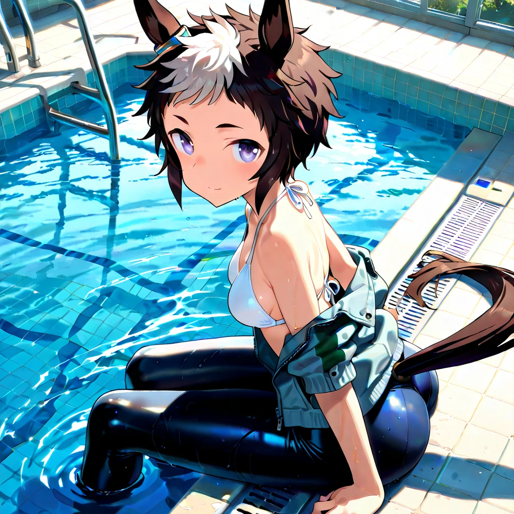 1girl,Solo,Umamusume,Zebra_print,White_eyes,multicolored_hair,messy_hair,(White_hair),Black_hair,Short_hair,Neck_bell,sea,bikini,shiny_skin,squatting,swimming