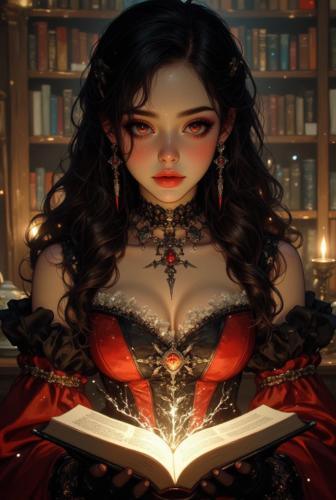 Fine、(The best illustrations)、8k UHD resolution、details Intricate、maximum quality、realisitic、ultra detali、The best lighting、better shadows、soft lighting、Ultra HD、Dungeonpunk and Dragon、caves、Dungeonpunk、 A Necromancer、the night、estilo dark、together、Devil's daughter、bat wings,(((Demon Hornlack round rimmed glasses))))、(((Colossal tits)))、(devil's tail)、(red eyes glowing:1.6)、Masterpiece artwork、beautiful countenance、Tindall Effect、fotos realisitics、(High Detail Skins:1.2)、8 Hours、slr digital、high qualiy、one photo、high resolution、 absurderes、Ponytail Distortion、best proportion four fingers and a thumb、1 girl、hair ornaments、bright red gemstone necklace、jewelry、Beautiful expression、body up、emphasis on big breasts、toned waist、Wide buttocks、Tindall Effect、Photorealistic、(High Detail Skins:1.2)、pink nipple, pink pussy