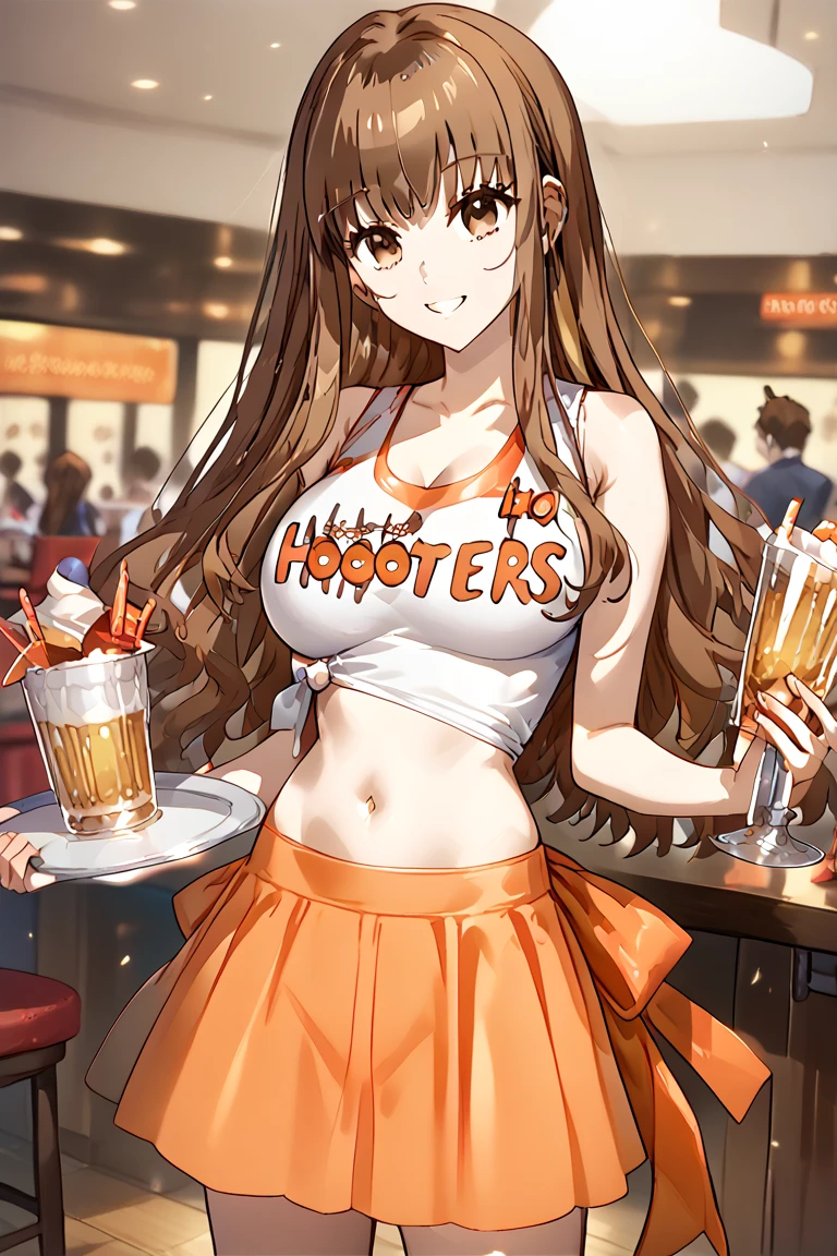 (masterpiece), best quality, expressive eyes, perfect face, front lighting, (inside sports bar restaurant background), (standing), (happy face), (cleavage view), (1girl, milf, Lucy Liu, asian, fair skin, black hair, medium length hair, straight bangs hairstyle, brown eyes, hourglass figure, thin body, skinny body, petite_body, medium breasts, wide hips, thick thighs), (hooters uniform, hooters, white tanktop, orange shorts, jewelry, necklace, bracelets, earrings),