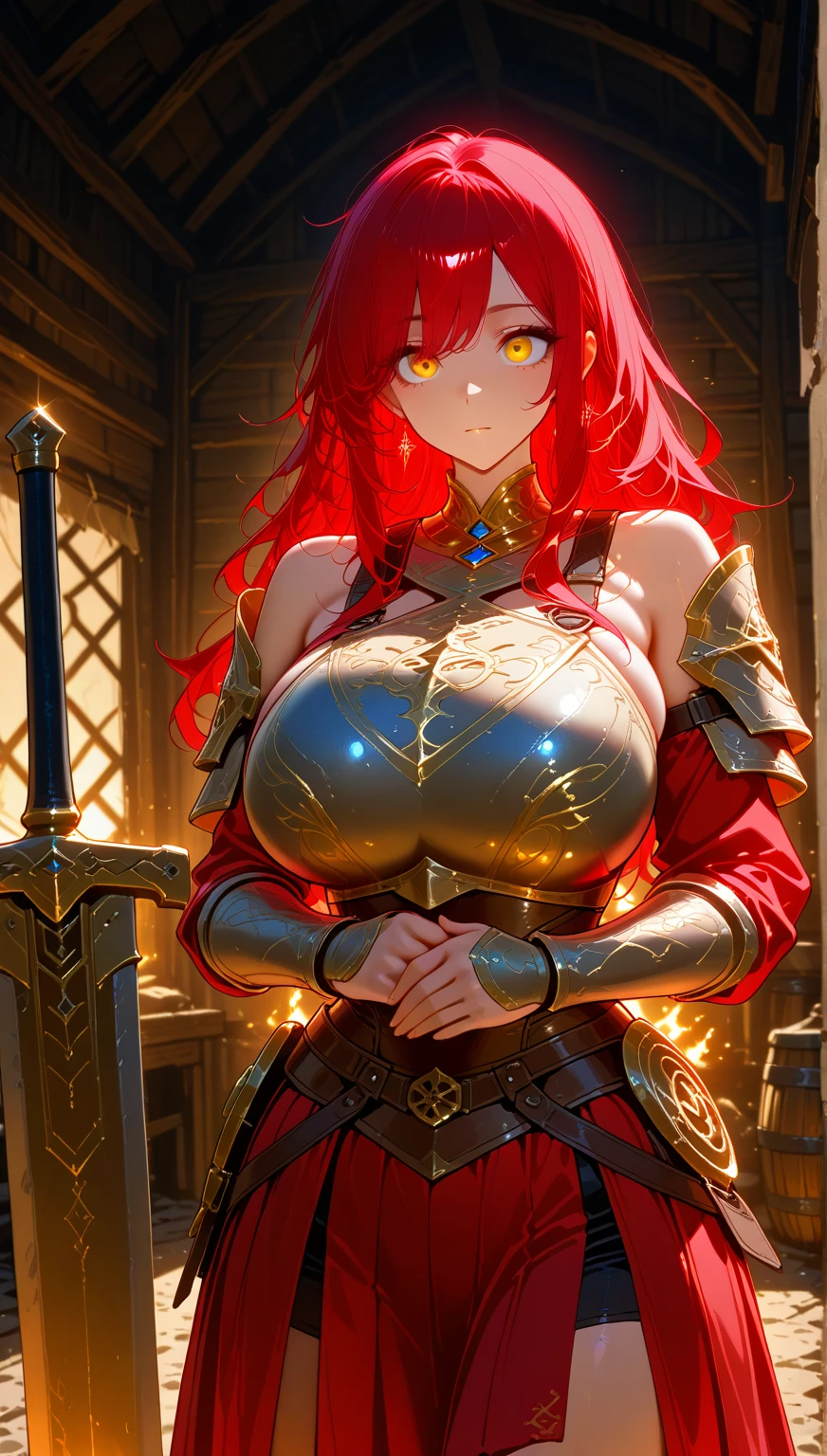 (masterpiece:1.2), (best quality:1.2), perfect eyes, perfect face, perfect lighting, 1girl, mature female on a battlefield, absurdly long red hair, crown braid, war_glam, armor, leather skirt, scars, fantasy, detailed background   <lora:warriorPrincesses_v10:1>