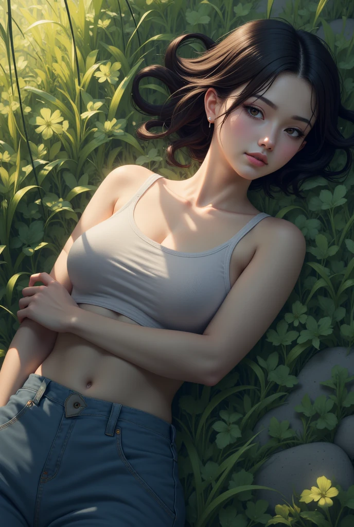 ((masterpiece)), ((Highest quality)), (Portrait of a beautiful girl), Eye for perfect detail, Face in perfect detail,The perfect athlete has muscles,A well-defined body, Perfect nude,Cracking abs,Very elaborate nose, Open your mouth, 、 Perfect Teeth, Full body exposure,Adult, Charm, Perfect Face, Dimples on cheeks, Depth of written boundary, High resolution, ((Realistic skin texture)), (Well-proportioned hands), Thin lips, Random color hair, Floating multicolored hair, Pixie Cut, forest
