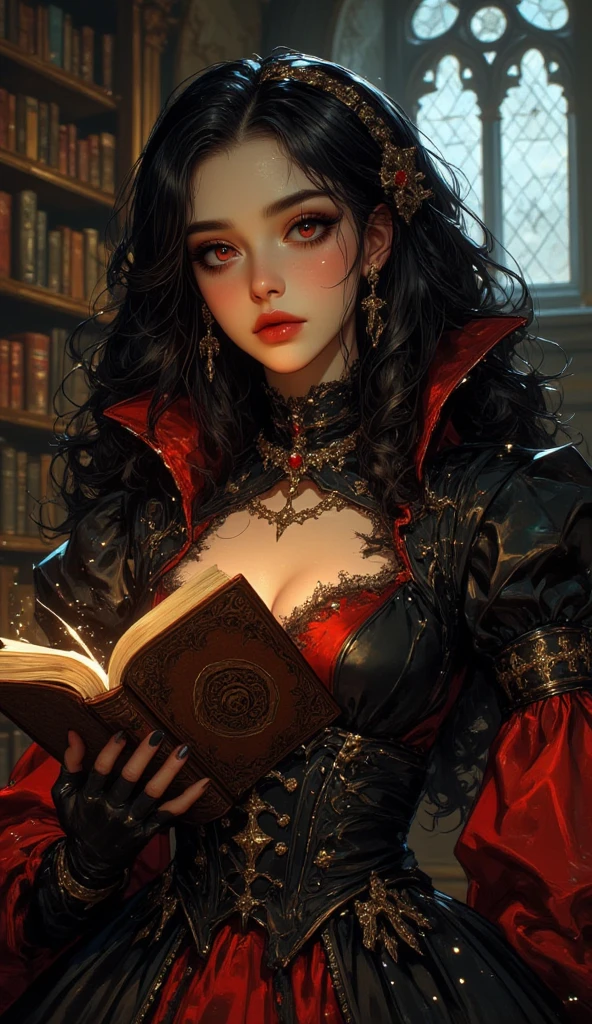 (best quality,4k,8k,highres,masterpiece:1.2),ultra-detailed,(realistic,photorealistic,photo-realistic:1.37),gothic wizard teacher,black lingerie,long hair,detailed eyes,mysterious face,magical aura,book of spells in hand,candle-lit room,dark and elegant atmosphere,gorgeous figure, seductive pose,enchanted classroom,dusty ancient scrolls,whispers of ancient knowledge,centuries-old magic,twisted and sinister staff,sparkling magical sparks,subtle and dramatic lighting,rich and vibrant color palette,atmospheric shadows,mystical and surreal ambiance