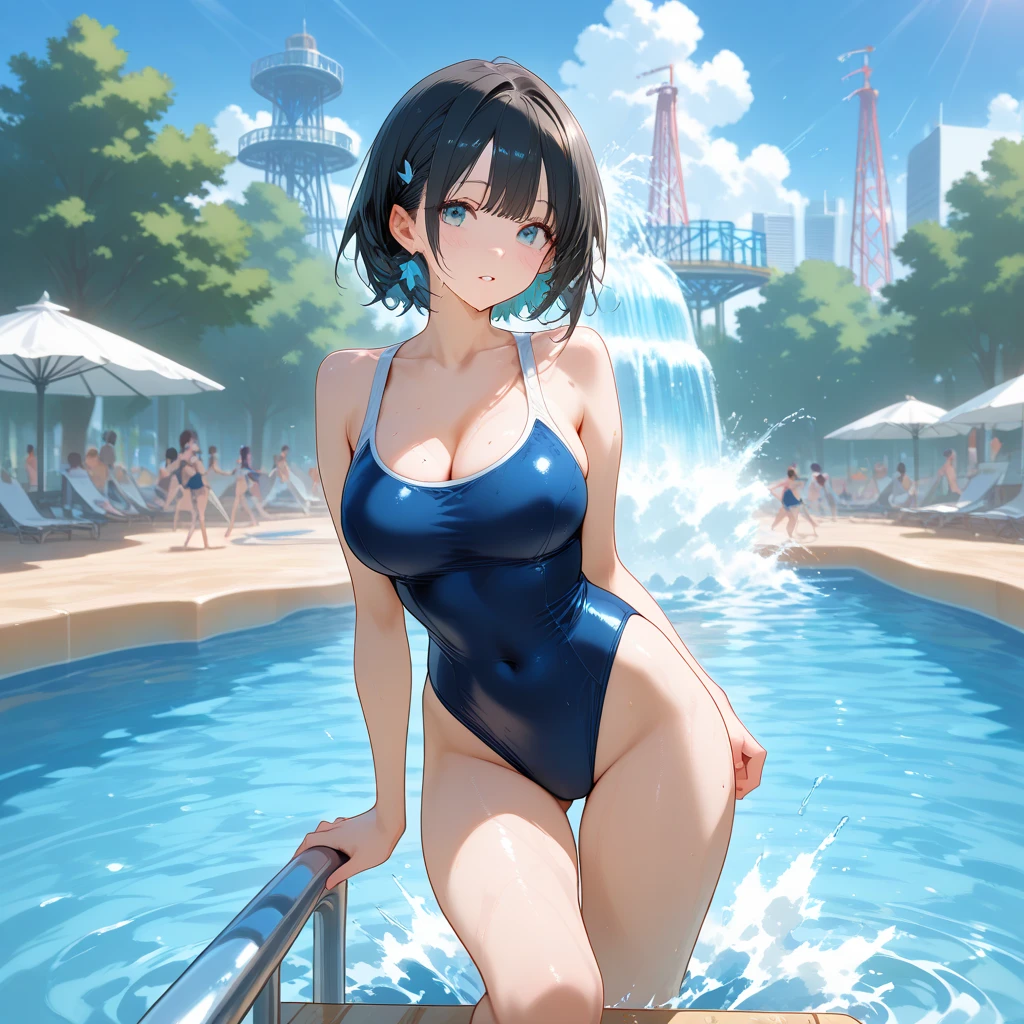 Anime Kawaii sexy Perfect Slim sensual body large breast and huge thighs, An intricate and highly detailed illustration of anime (Young girl) Highest quality、masterpiece、(1 adult female:1.3)、(Soft bust:1.2)、nature 、Girl in competitive swimsuit,beautiful,smile,Pool,Tempting,((Looking at the audience)、Textured skin、(smile)、blush、(Blue summer sky:1.3),(Beautiful background of beach pool:1.3)