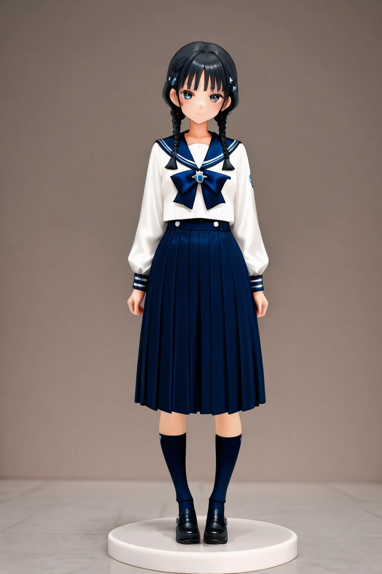 (Porcelain Doll)、(Ceramic figure)、(One girl)、(natural standing posture)、(Show your whole body)、Detailed facial depiction、A kind smile、Short dark brown hair、White Hat、(White Sailor Suit)、Navy blue sailor collar、uniform、(White long skirt)、Pleated skirt、shoes、loafers、Vintage、Classic、Blur the background、(No logo)、((Watercolor of singer Sargent))、White Background、 ((Plain background))、((Blank Background))、((A plain background))、3d、(Highest quality,High resolution,masterpiece)、4K、wallpaper、