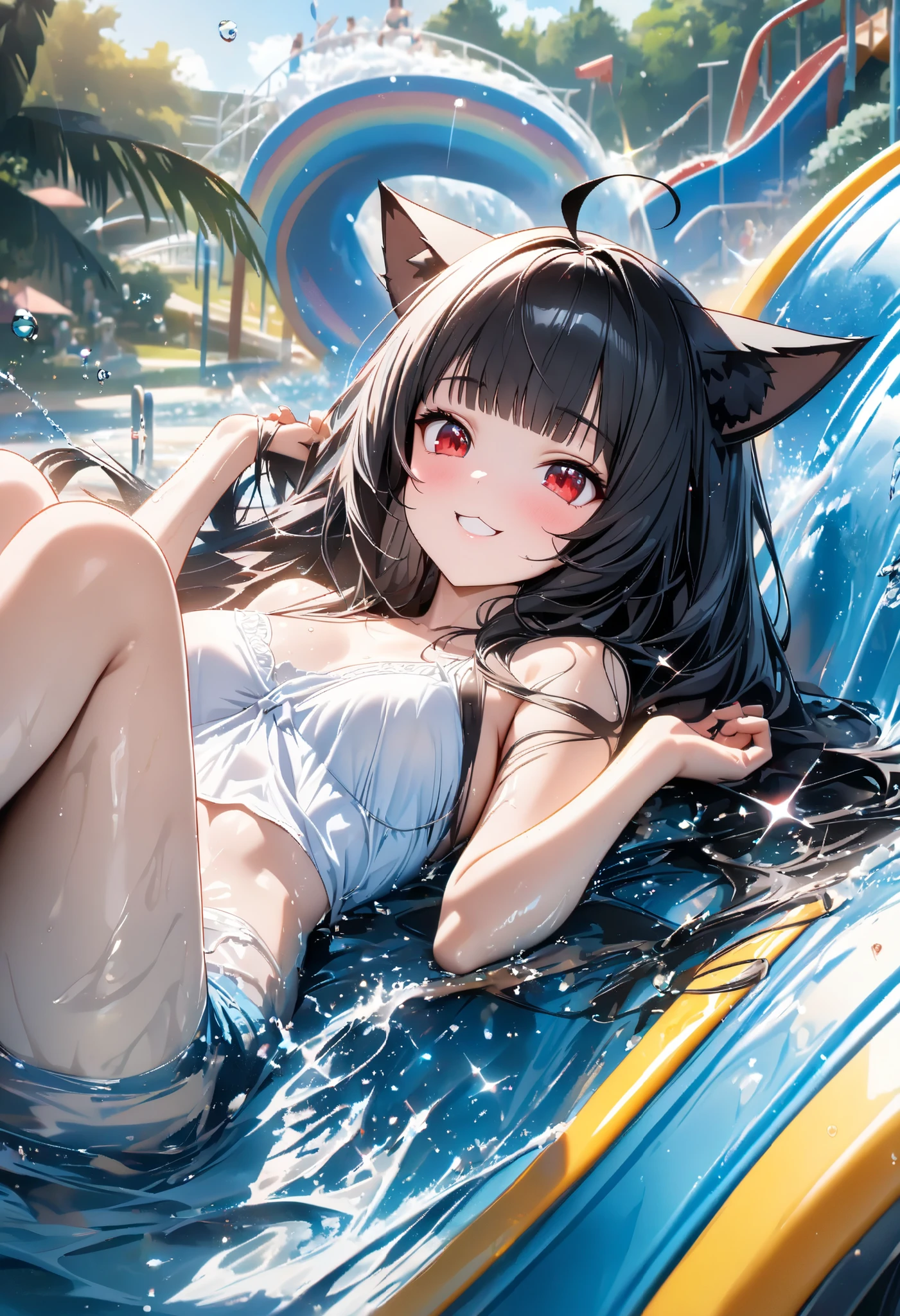 （girl、小daughter、Fox Ears、Cat hair accessories、Black Hair、Slimming、Cute Breasts、Cute belly、Cute thighs、Cute Bare Feet、A cute, sweet smile、Immature pubic crack）、（girl、wife、daughter、younger sister）、Low - Angle、Shooting from the feet、Sticky water running down my thighs、NO NSFW、front、Black cat、Open your arms、Smooth Hair、animal、、Belly button、Groin、Chest feathers、white、translucent、Cute pose、Micro High Leg Bikini、(Dynamic Angle)、Running tightagical girl、gravure、Micro Pants、Chirarizum、high resolution、Ultra HD、#quality(8k,Very detailedなCGユニットの壁紙, masterpiece,High resolution,top-quality,top-quality real texture skin,Surreal,Increase the resolution,最高quality,Very detailed,NSFW Wallpapers,Cinematic,Golden Ratio), break ,(girl、naked、nude、Pussy、Nipples、Sexy pose),#1人のgirl(Black Hair、Braiding、ponytail,whole body),#background(night,Starry Sky,Townscape ),From the other side