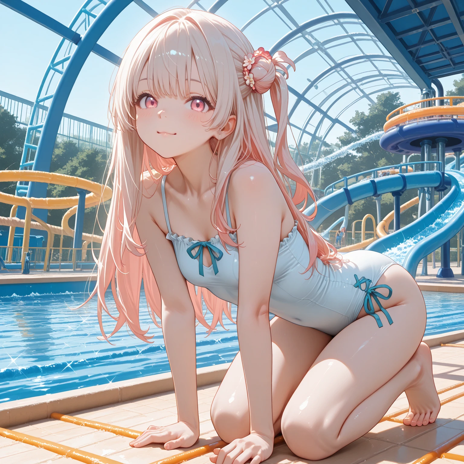 8K,gal,an extremely delicate and beautiful,Beautiful and realistic skin,Shiny jewel-like earrings,Shine like glitter long colorful hair,beautiful eyes,bikini,beautiful pool,slide down the waterslide,glitter background,full body