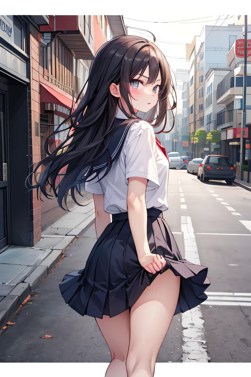 ((masterpiece) (((((Highest quality))))((high resolution))))), Very detailed, Ultra-realistic, Black Hair)、、、City、building、、(、Embarrassed face、、Ass 、Face looking back、From below、((Low - Angle))、Black Skirt、、garden、、Cowboy Shot、Whitepanties))、Long Hair、Wind