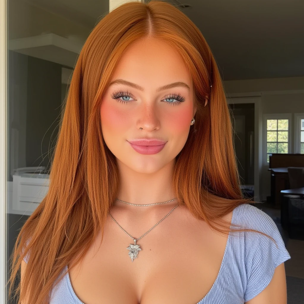 extremely beautiful model, 20 years old female, skandinavian, long bright orange hair, realistic, perky breasts, cleavage, crop top, ripped jeans, Midriff, Wide Smile, Eyes Detailed & Wide, Dynamic Pose. Hoop earing, arm bangles, headband scarf, Ultra HD, Rococo-Inspired Fantasy Art With Intricate Details. Cute, red lips, long lashes,Charming Expression, Alluring-Gaze, looking at viewer, Beautiful Eyes, An-Ideal-Figure. Large Youthful Well-Shaped-Breasts, Attractive ass showcased. Massive-Round-Bosom, turning. Mesmerizingly mash up of Scarlett Johanson. Alison Brie & Molly Quinn