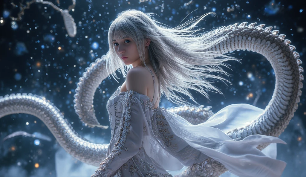 (Next to the anime girl with white-skinned fox ears before the full moon is a huge nine-tailed white fox:1.5), fantasia raposa amor, Raposa de cabelos brancos, anime raposa branca, anime fantasy illustration,(Fundo escuro da floresta,blue transparent smoke around:1.8), Arte de Silverfox,melhor qualidade, master part, ultrahigh-resolution, (fotografia realista:1.4), realismo ultrarrealista, Semelhante a um sonho,FusionArt, Shadow dancer, magia das sombras, darkeness, furtividade, passo da sombra, Umbral spells,