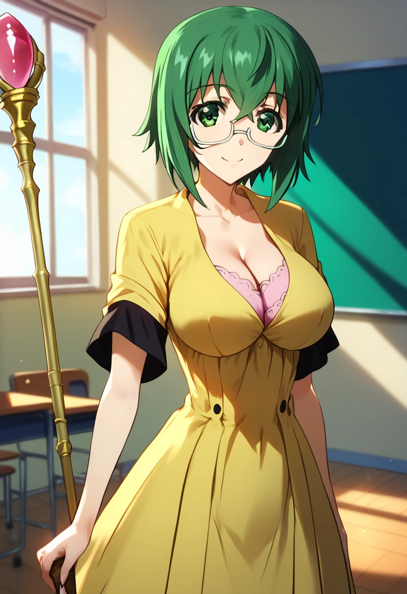 1girl, solo, green hair, short hair, green eyes, from below, yellow dress, Squat on the floor, Open your crotch wide from side to side, Opening legs, Show your crotch to the camera, arms behind back, skirt, (panties), pussy line, pink bra, huge breasts, white thighhighs, smile, bed, bedroom, absurdres,
