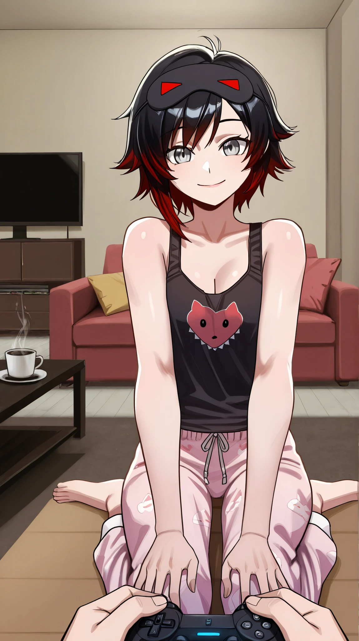 RubyR0se, 1girl, black hair, red hair, two tone hair, gray eyes, Vol1Pajamas, pajamas, black tank top, pink pants, sleep mask, barefoot, indoors, living room, couch, sitting on couch, coffee table, TV, PS5, Duelsense controller, looking at viewer, pov, smile, upper body, close-up of face, frombelow, score_9, score_8_up, score_7_up, source_anime, anime_screencap, masterpiece, best quality, highres, high detail