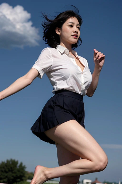 Gray background、pubic hair、Large Breasts、Thighs、Red lipstick、Cute woman、high school girl、White shirt、(Navy blue skirt)、smile、Open chest shirt、(A wet shirt showing through your underwear)、Wet Hair、Gazing at the sea、smile、On the boat、Raising his arms、Looking from below、Cloud、