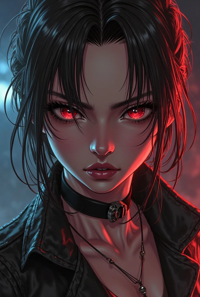 (anime women), devil may cry inspired women, (neon red viper eyes) standing in a rain soaked, cinematic lighting (best quality:1.2)detailed, lights, vivid colors,bokeh, angry looking face with smirk on mouth, piercing, ((piercing)), gaze, 4k, particles in the air, powers, amazing art work full of details, dynamic movement, (lips)