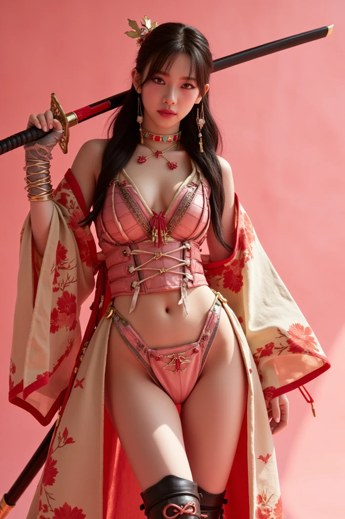 The charming style of a female model, she is wearing red underwear with a transparent gauze skirt. The flower pattern and tassel decoration on the skirt add feminine softness and dynamism to the overall look. The waist of the model is outlined by a red belt, and the golden decoration on the belt is the finishing touch. The gray design and the simple background make the model the focus of the picture, and people will be attracted by her at first sight., (best quality,8k,highres,masterpiece:1.2),ultra-detailed,(realistic,photorealistic,photo-realistic:1.37),studio lighting,ultra-fine painting,sharp focus,physically-based rendering,extreme detail description,professional,vivid colors