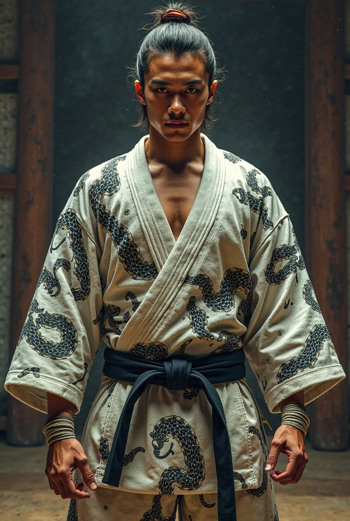 Asian eye, Samurai Bun for Asian Long Hairstyles for Men , inverted tangle body type, sky blue long jacket , 1.96 meters tall , long silk jacker grey sky blue , chest have danger spider tatto , in Waist have 4 balls look like black grey color one straight line between a ball ,