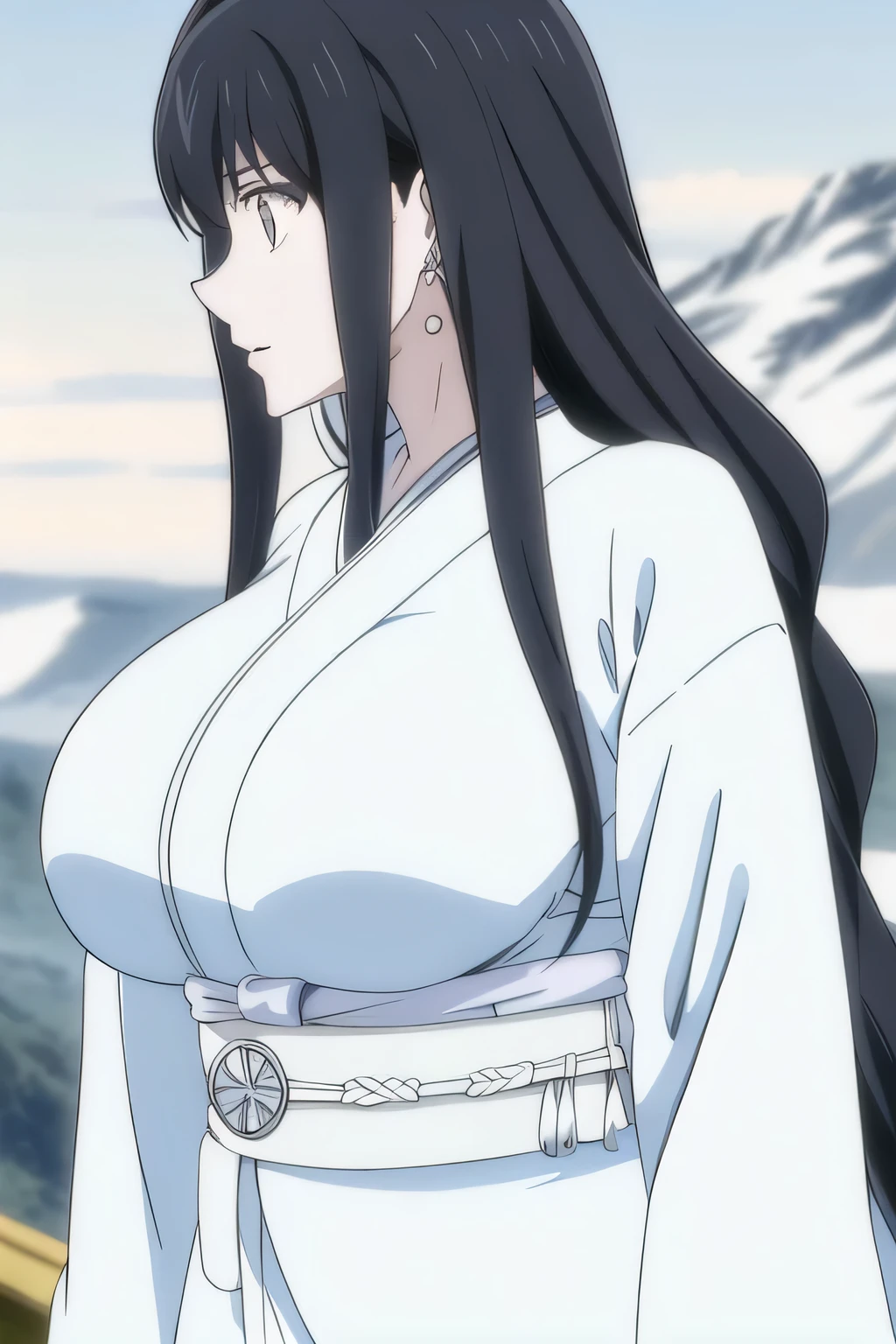 I'm wearing a pure white kimono,snowy mountains,A cold winter sky,Can you draw a charming Snow Woman,standing,The face is very important,(That work is enough for one person {X} can you draw a competitive swimsuit)、 That's all it takes,frown。unless the job requires it。 {X}、 , Attractive 40-year-old adult woman takes off her uniform, Big black wavy hair, , Big Breasts, thin waist , , ,