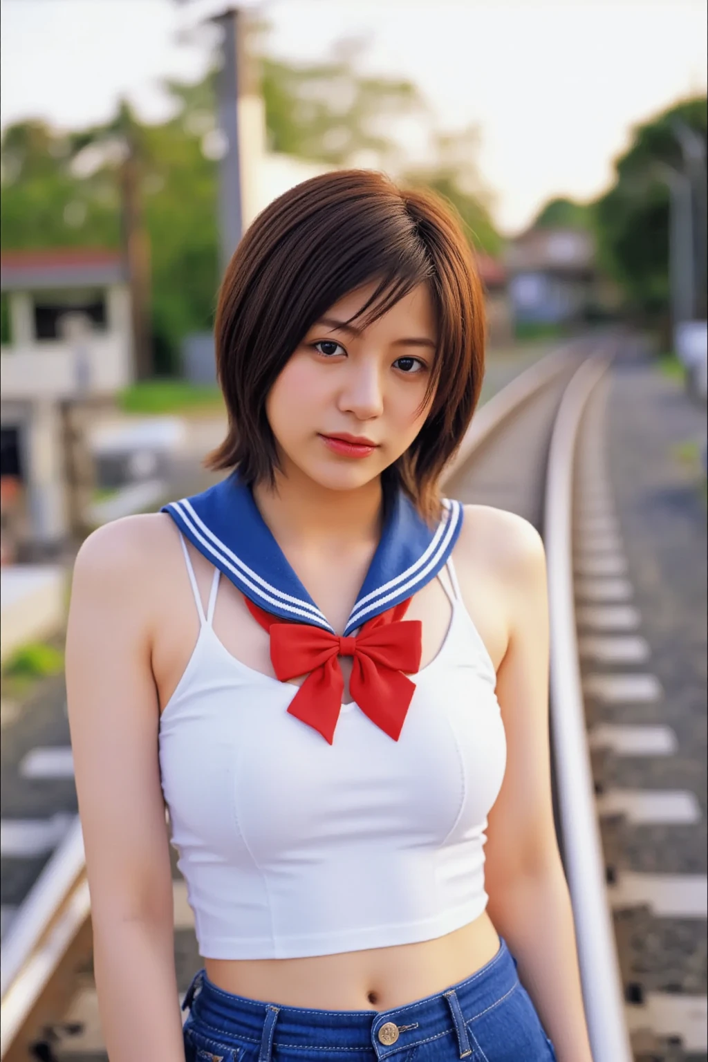 (8K, best quality, masterpiece:1.2), (realistic, photo-realistic:1.37), (high color saturation:1.0), (highly detailed skin), (highest quality:1.0), (ultra high resolution:1.0) ,(realistic:1.0), (Super detailed:1.0), (8K, Raw photo:1.1)、random pose, smiling, small breast, perfect lighting, solo, 1girl, (mysterious), (blurred background), clear and detailed, dancing, cheerleading_uniform, hold in hand pompoms, ((indoor_stadium)), low angle, blue and white stripe skirt, raise one legs, panties, inverted nipples, sexy, software, full body shot、nsfw,