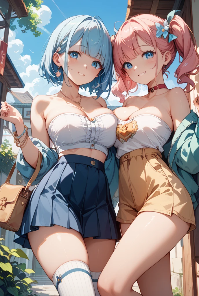 (work of art:1.2), (highest quallity:1.2),, Curvy Body, but slender, perfects eyes, face perfect, perfect lighting, 1 girl,(colored hair arco-íris, colored hair, half blue、half pink hair: 1.2),  Cherry blossoms、 cups、（Cute floral shirt），（all-bodyが見える），spring time、（Exquisitely designed、Transparent sexy clothes、polka dot、Extremely Mini、white lace skirt），curly hair, Clothes with short sleeves, 、in the sea、on boat、, offset, ombre, breasts small、thick eyelashes, fancy, gazing at viewer, all-body，Alice in Wonderland、blue sky、Bright and beautiful face、young bright white bright skin、The best beauty、the most beautiful in the world、thin hair、long hair、Beautiful shiny bangs、big bright blue eyes very beautiful and adorable, 8yo, The most beautiful girl in the world、twin tails、cups、a disappointed face、waiting for a kiss、ssmile.Fashion underwear